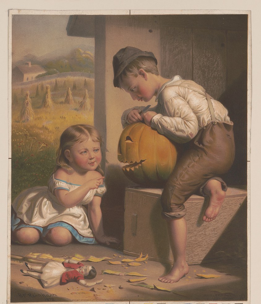 A boy carving a jack-o-lantern while his little sister watches, 1872 colour print