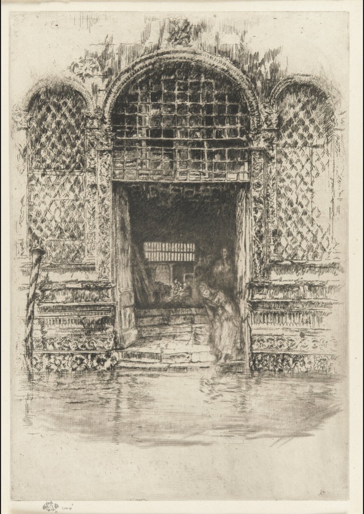 Whistler's etching of an open palace door on a Venetian canal, a figure in the shadows