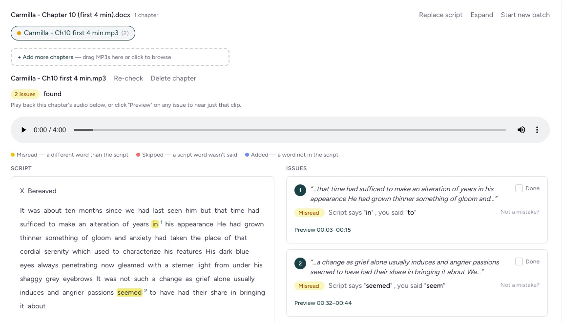 A real check: the first four minutes of Chapter 10 of our Carmilla audiobook, narrated by Melissa-Marie Shriner. The script on the left with each flagged word highlighted, the list on the right with a button to hear each spot. Here the narrator listens and decides: a real slip, or a word the transcription misheard.