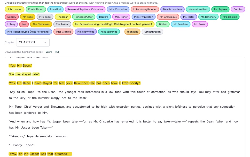 Dialogue highlighting: pick a character, click their lines, and each one gets its own color. Download the result as Word or PDF.
